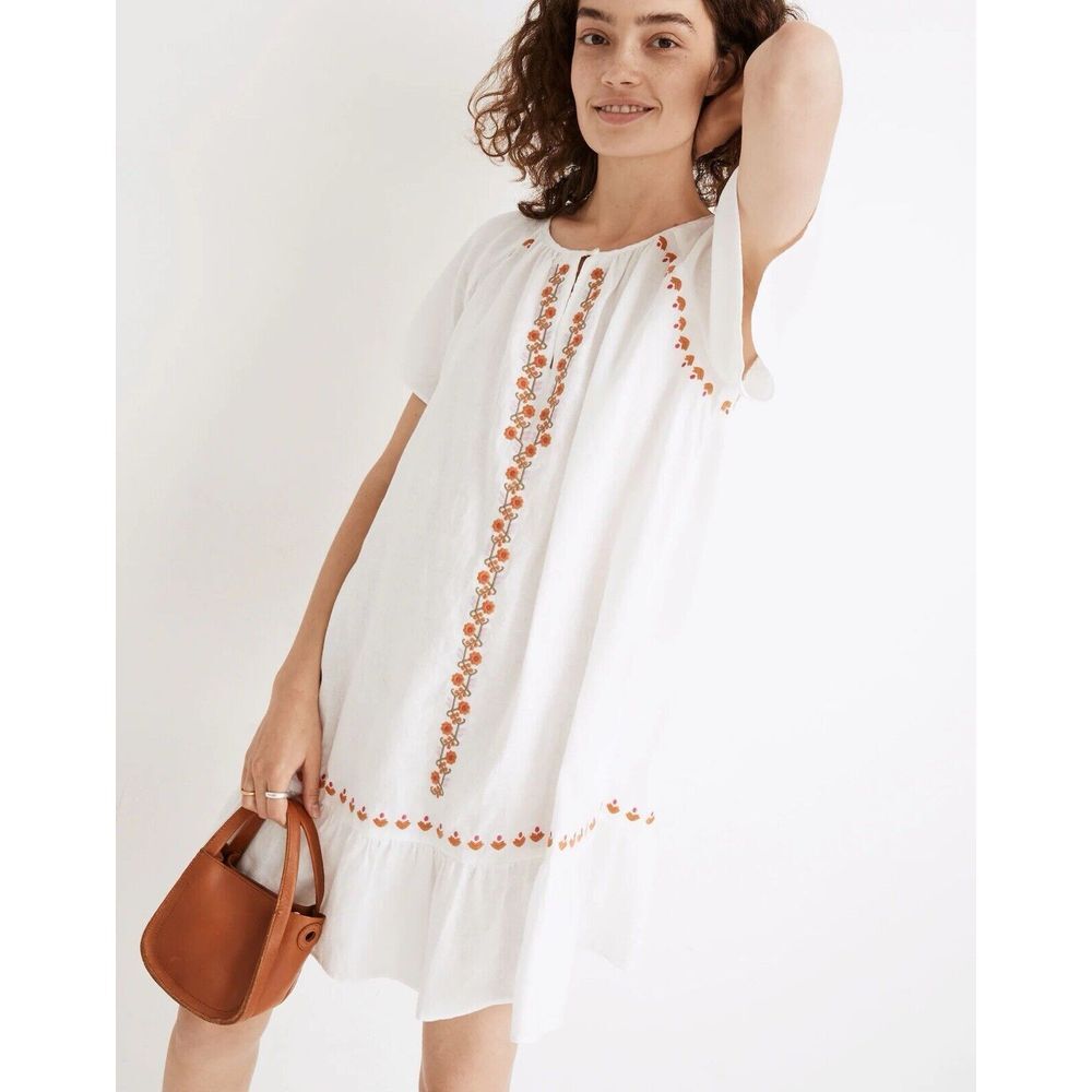 Madewell White Mini Dress with Orange Embroidery